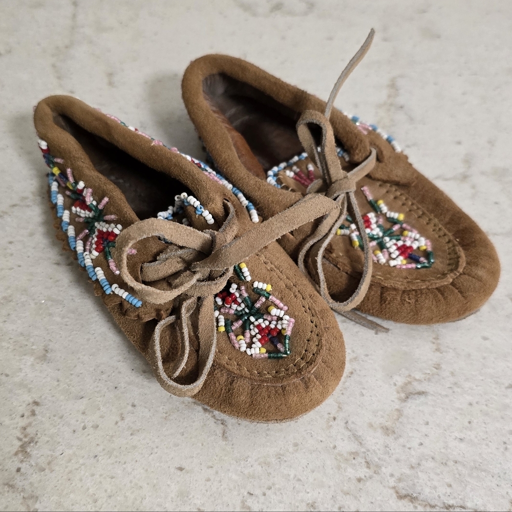 Pair Of Vintage Kids Hand Beaded Leather Moccasins
